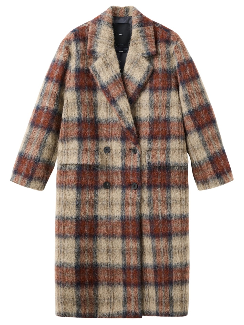 MANGO CHECK PLAID WOOL BLEND DOUBLE BREASTED COAT - M